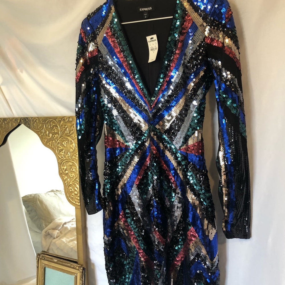 Express multicolored patterned sequence mini dress